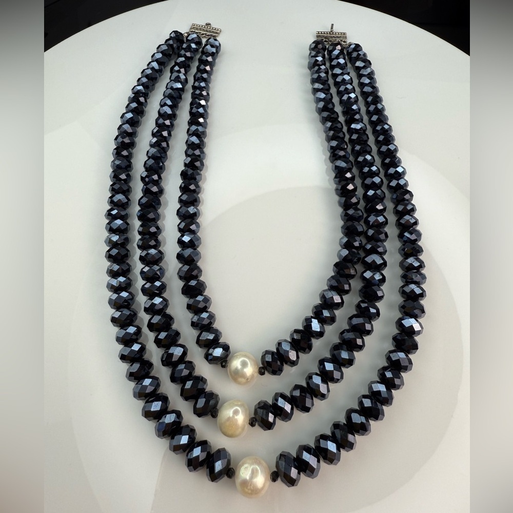 Sterling vintage Swarovski multi strand  crystal necklace with natural stone